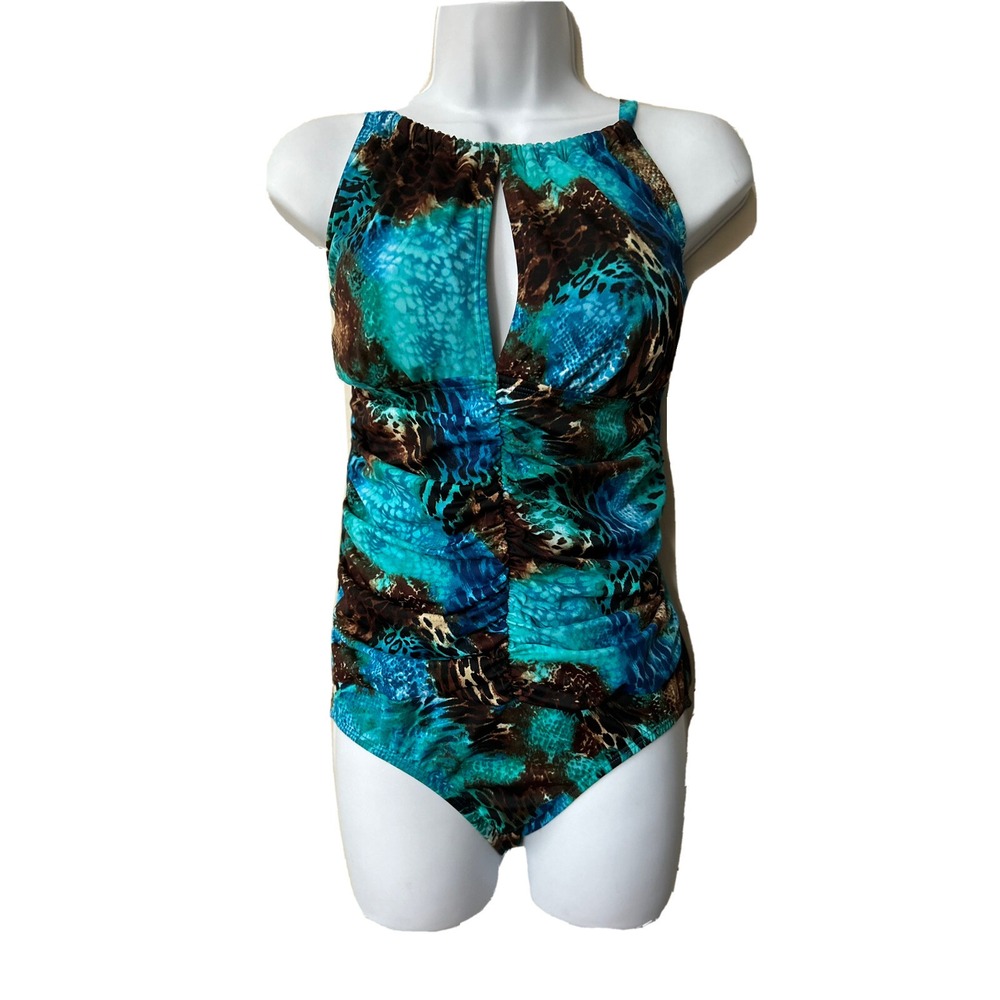 Venus One Piece Swimsuit Sz 14 Padded blue green leopard animal keyhole